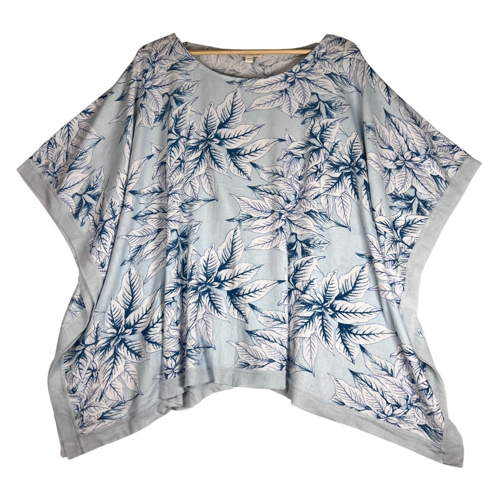 Coastal Linen Boxy Top Blue Floral Oversized Poncho Blouse Plus 1X Rowley
